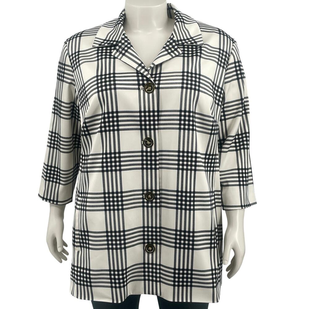 Covington Woman Plaid Cream Blck Gold Button 3/4 Slv Jacket Lined Casual 20-22W